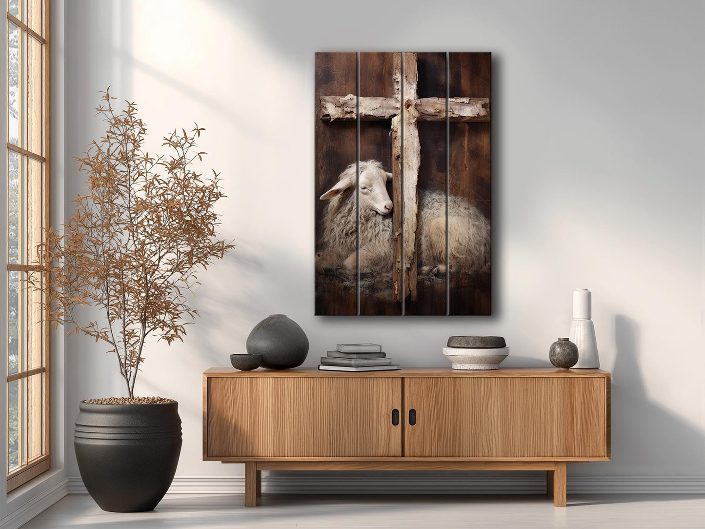 Religious Wall Art - Lamb And Cross Print | Natural Wood Decor - UV Printed Wood