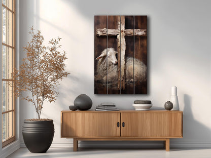 Religious Wall Art - Lamb And Cross Print | Natural Wood Decor - UV Printed Wood