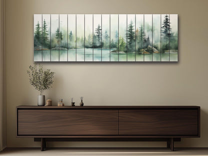 Lake And  Forest in Soft Watercolor Print On Natural Wood