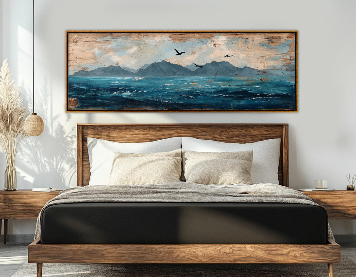 Ocean Canvas Print – Dramatic Mountain Seagull Painting | Framed Canvas Wall Decor