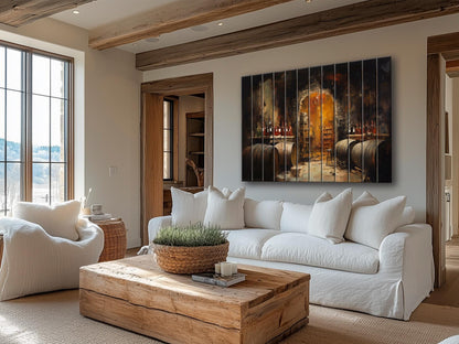 Wood Wall Art - Rustic Wine Cellar Painting on Natural Wood Plank Art