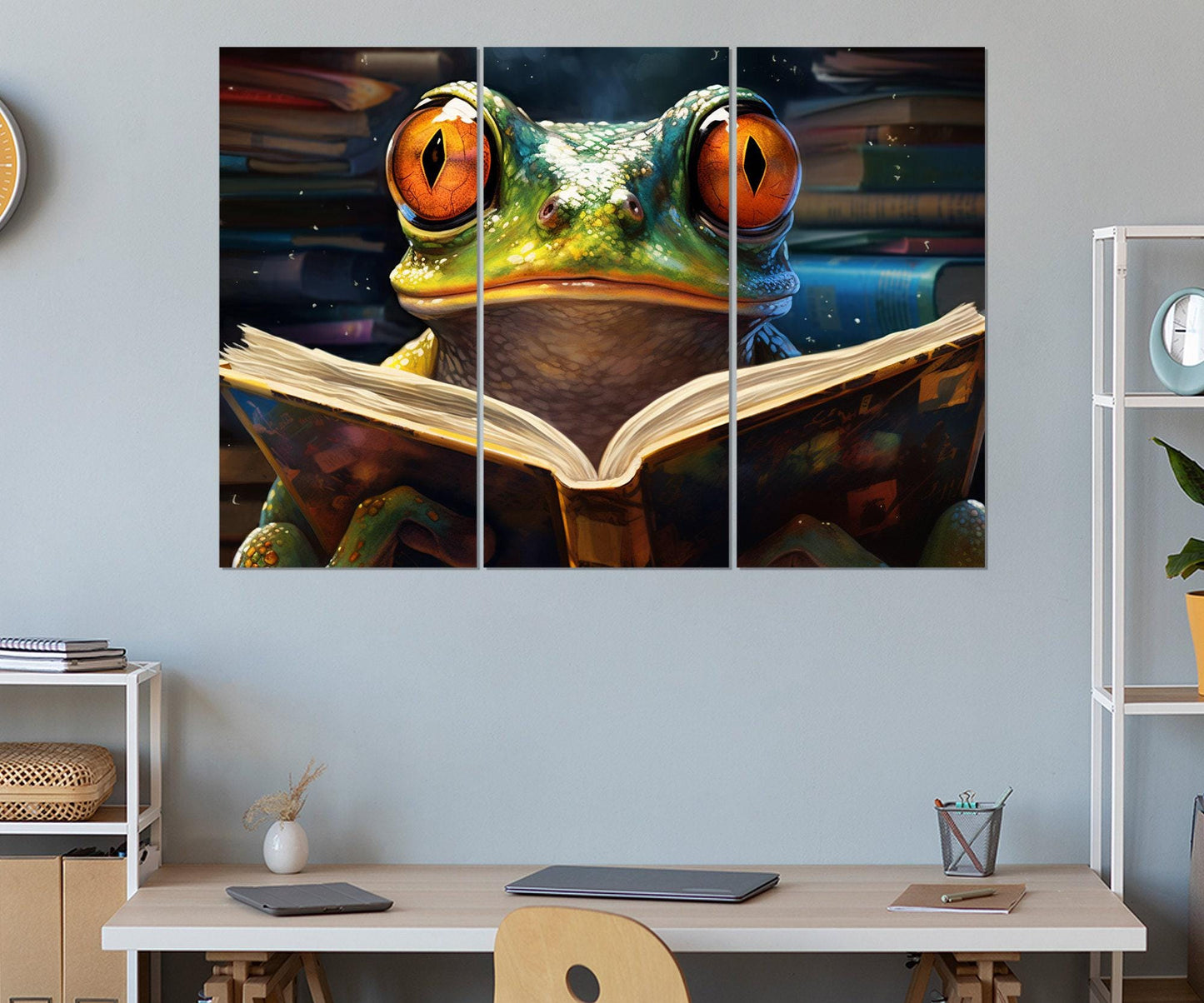 Frog Reading Book Abstract Painting Canvas Print, Kids Room Decor, Nursery Wall Art, Framed and Ready to Hang