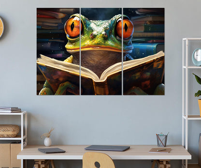 Frog Reading Book Abstract Painting Canvas Print, Kids Room Decor, Nursery Wall Art, Framed and Ready to Hang