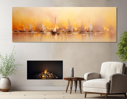 Yacht Canvas Print – Framed Sailing Wall Art With Abstract Sailboats and Sunset