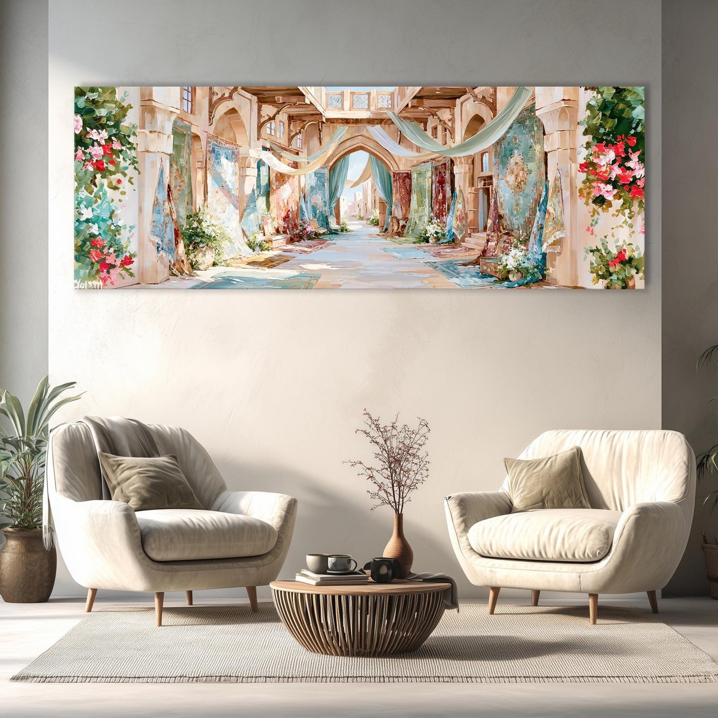 a large, colorful painting of a street scene hanging on a wall in a living room. The painting depicts a charming, colorful alleyway lined with flowers and plants, creating a warm and inviting atmosphere. The room is furnished with two white armchairs and a wooden coffee table, providing a comfortable and stylish seating area.