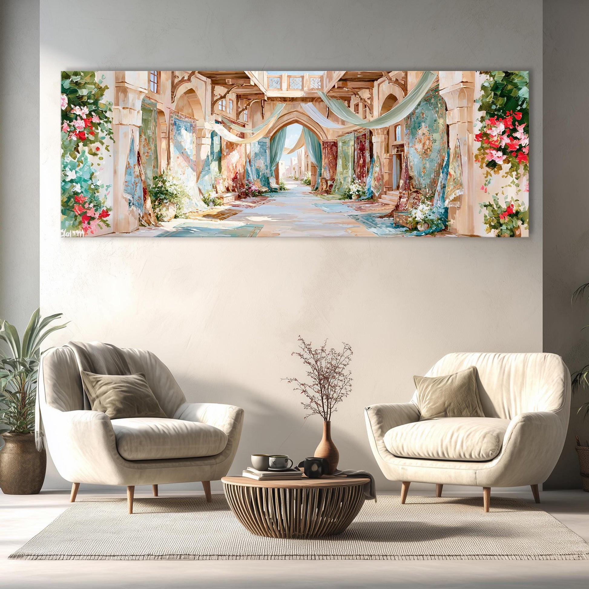 a large, colorful painting of a street scene hanging on a wall in a living room. The painting depicts a charming, colorful alleyway lined with flowers and plants, creating a warm and inviting atmosphere. The room is furnished with two white armchairs and a wooden coffee table, providing a comfortable and stylish seating area.