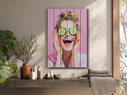 Spa Print Wood - Blonde Woman Cucumber Spa Print on Natural Wood Wall Art