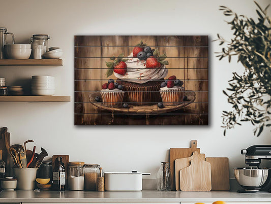 Vintage Cupcake Artwork – Rustic Kitchen Decor | Natural Wood Print, Farmhouse Wall Art