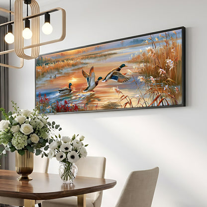 a large painting of ducks swimming in a pond, hanging on a wall above a dining table with a vase of flowers.