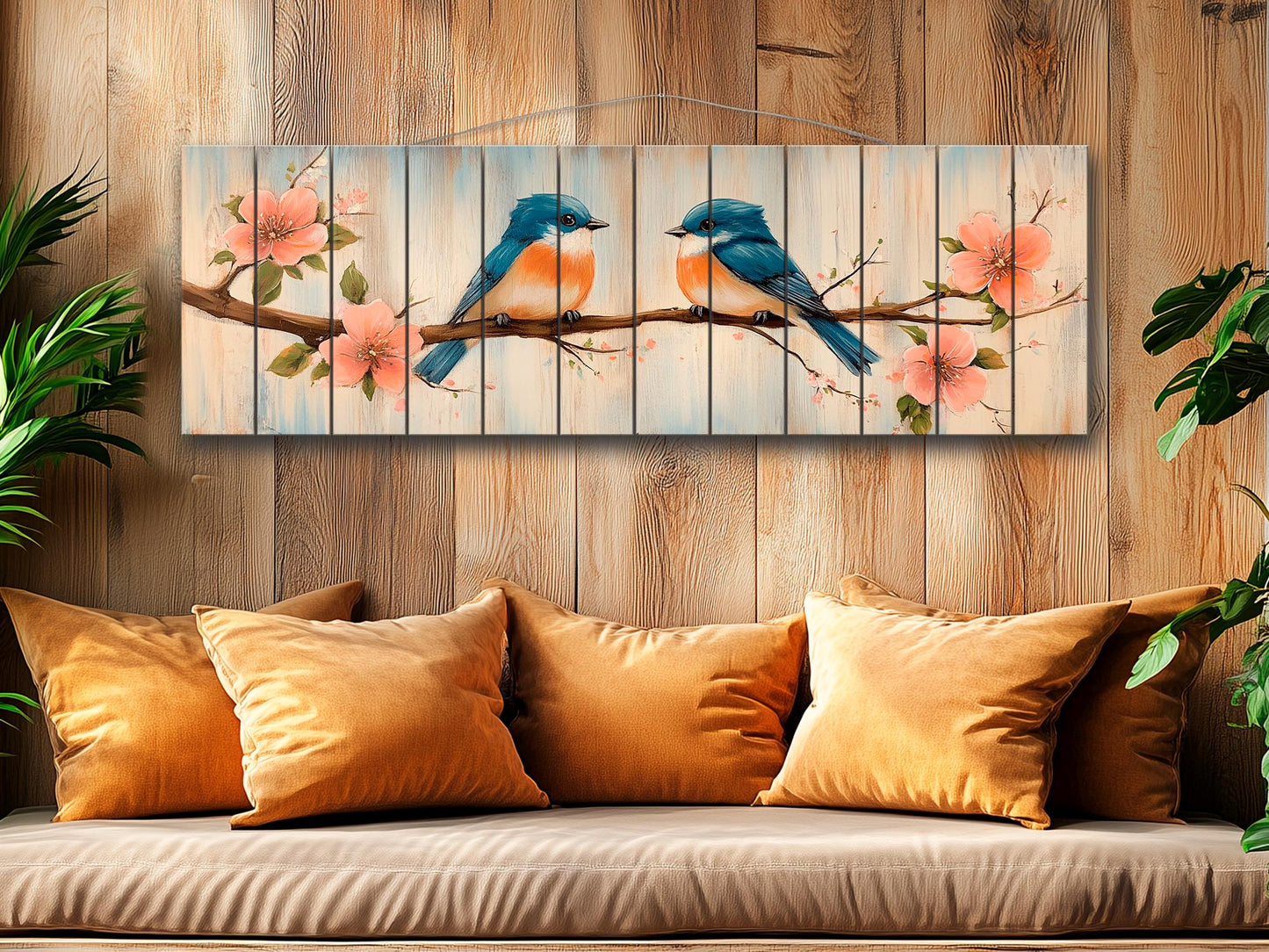 Wood Wall Art - Chubby Bluebirds on a Flowering Branch Print on Natural Wood, Birds Wall Art, Cozy Cabin Wall Decor, Rustic Bluebirds Print