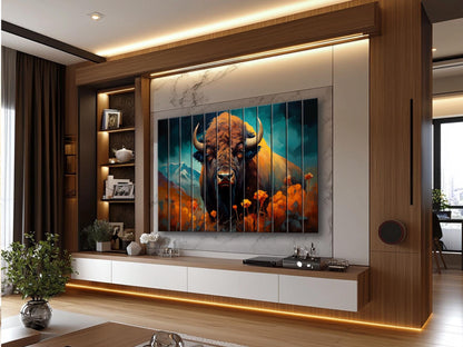 Rustic Wood Wall Art – Bison Abstract Painting on Natural Wood Planks