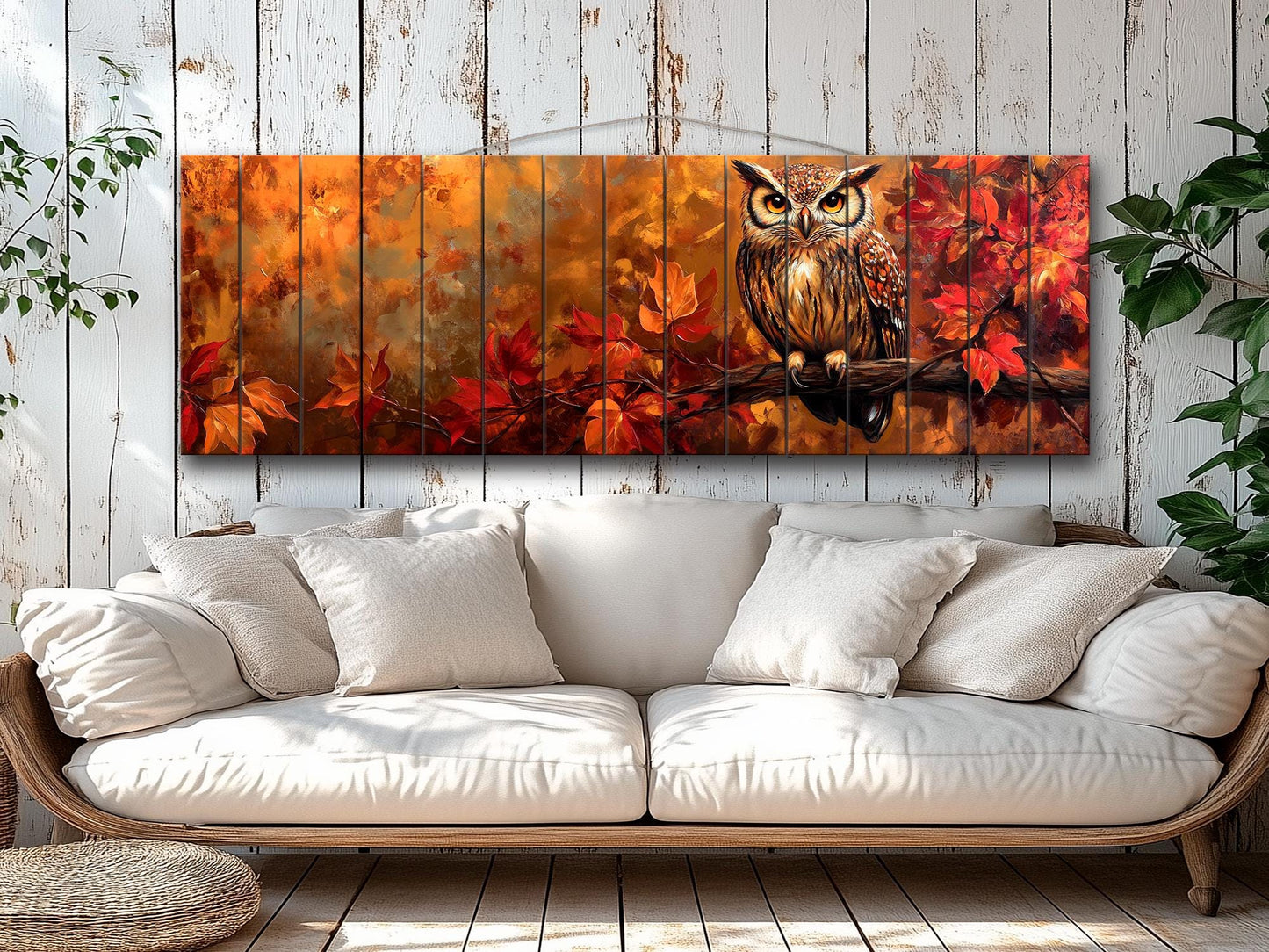 Rustic Wood Wall Art – Autumn Owl Painting on Linden Planks with Vibrant Fall Leaves