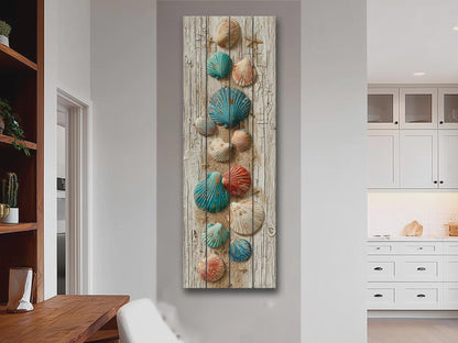 Rustic Wood Wall Art – Coastal Seashell Print on Natural Wood Planks
