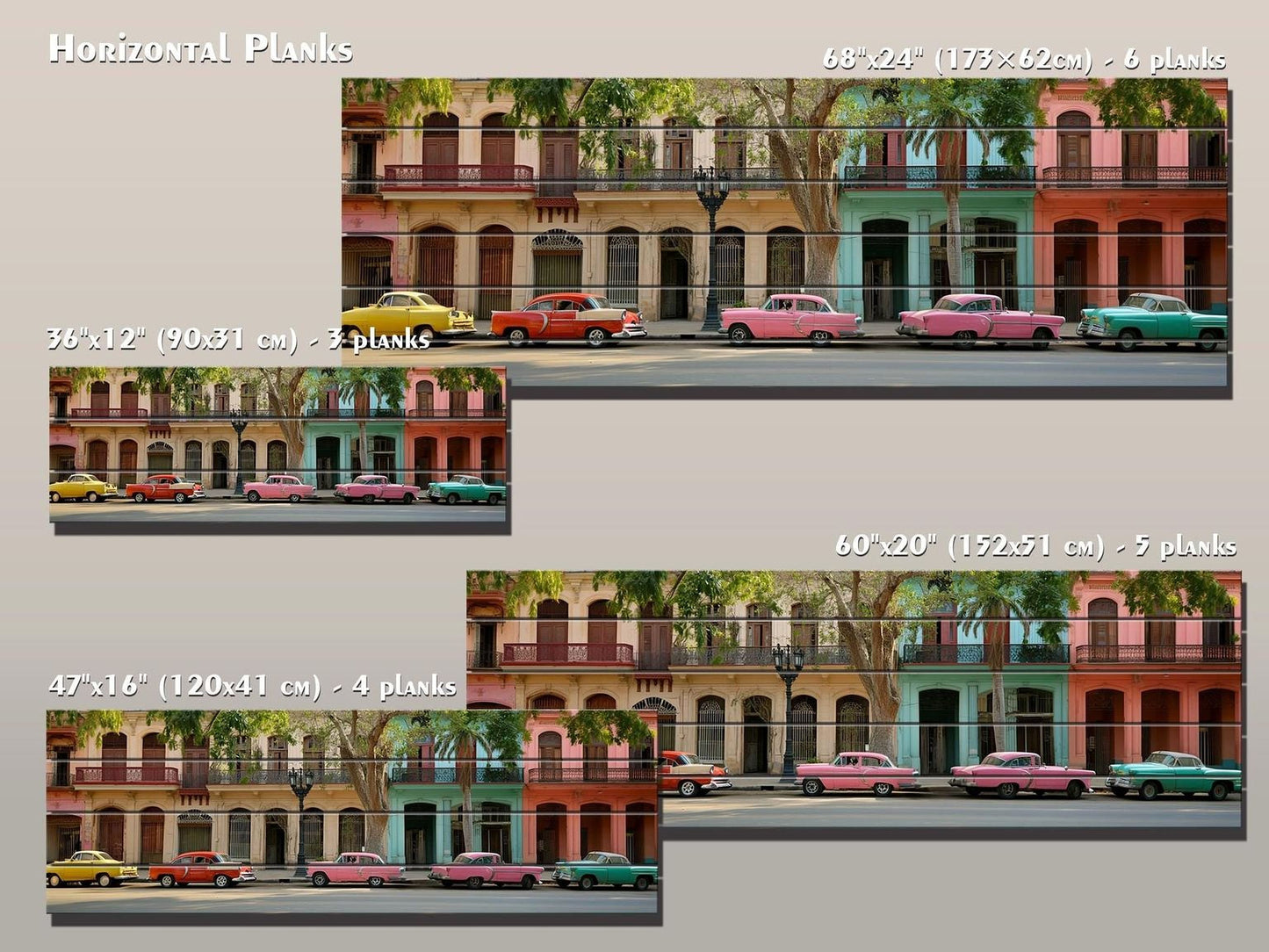 The image is a collage of three photographs depicting a street scene with colorful buildings, vintage cars, and palm trees.