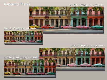 The image is a collage of three photographs depicting a street scene with colorful buildings, vintage cars, and palm trees.