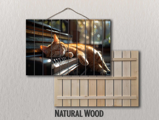 Wooden Wall Art – Orange Cat Sleeping On Piano | Natural Wood Print Decor