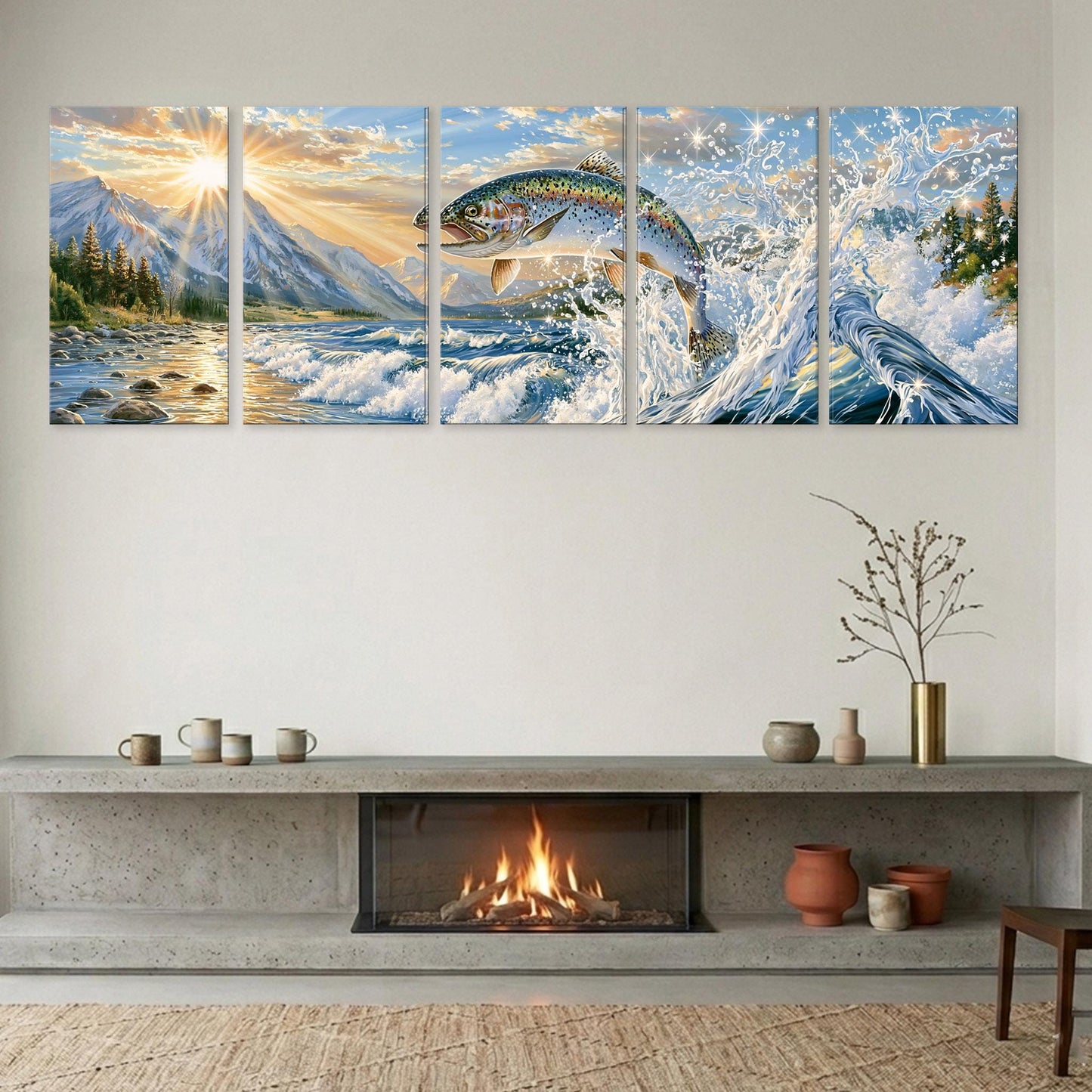 a fireplace with a painting of a fish leaping out of the water above it. The painting is a collage of five separate images depicting a fish in various stages of movement. The fireplace is situated in a room with a rug on the floor and a few decorative items placed on the mantel.