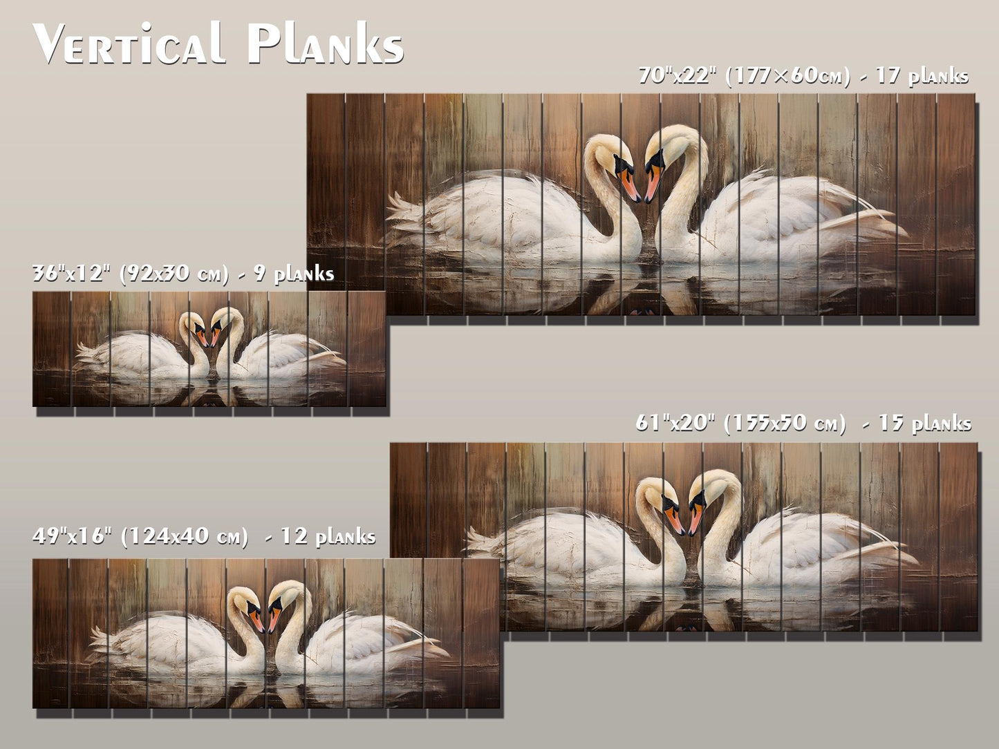 Rustic Swans Couple Forming a Heart Print on Natural Wood, Romantic Wall Art, Rustic Swans Painting, Swans Wall Art, Wood Wall Art