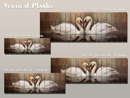 Rustic Swans Couple Forming a Heart Print on Natural Wood, Romantic Wall Art, Rustic Swans Painting, Swans Wall Art, Wood Wall Art