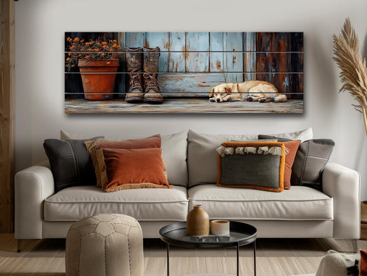 Wood Wall Art – Sleeping Dog Print on Natural Wood Plank | Rustic Farmhouse Decor