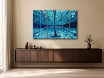 Swimming Pool Print on Natural Wood, Swimming Wall Art, Swimmer Gift, Abstract Swimming Pool Painting, Water Sports Wall Art, Wood Wall Art