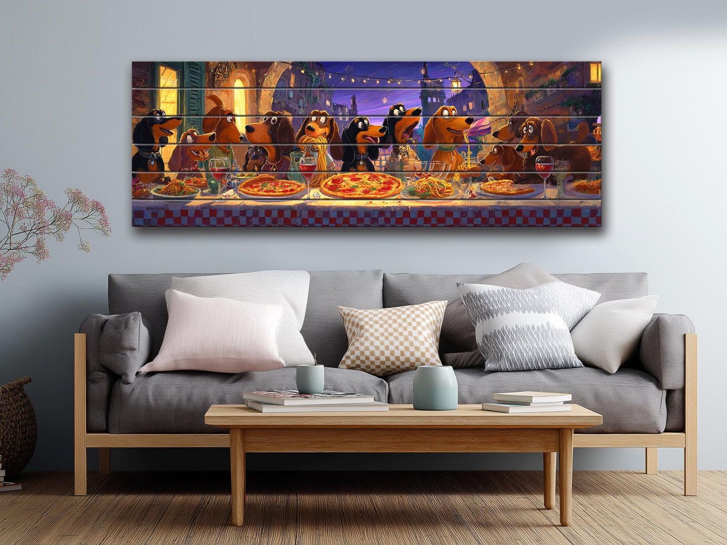 Dachshund Pizza Wall Art – Rustic Wood Plank Print With Playful Dog Illustration