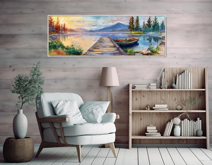 Lake Pier Canvas Print, Mountain Lake and Fishing Boat Painting, Framed & Ready to Hang