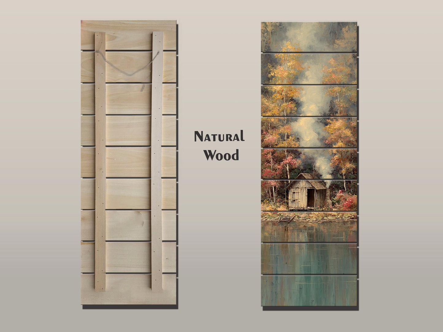 Wood Wall Art - Lakeside Fishing Cabin Wall Art – Autumn Forest Print on Wood – Cozy Lake House Decor, Rustic Natural Wall Decor