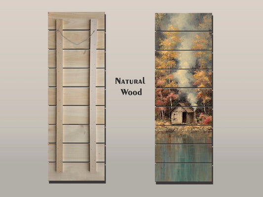 Wood Wall Art - Lakeside Fishing Cabin Wall Art – Autumn Forest Print on Wood – Cozy Lake House Decor, Rustic Natural Wall Decor