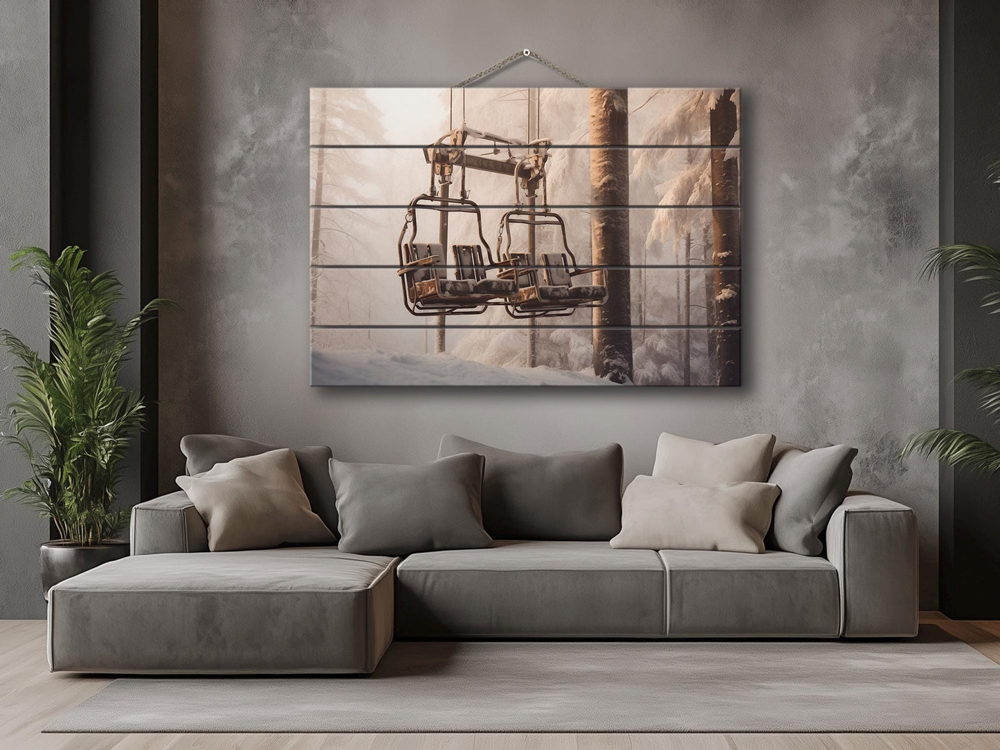 Retro Chairlift, Ski Lift Print On Natural Wood- Vintage Wall Art