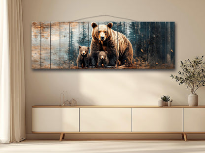 Grizzly Bear Wall Art - Rustic Wood Print with Bear Family Painting on Natural Wood Planks