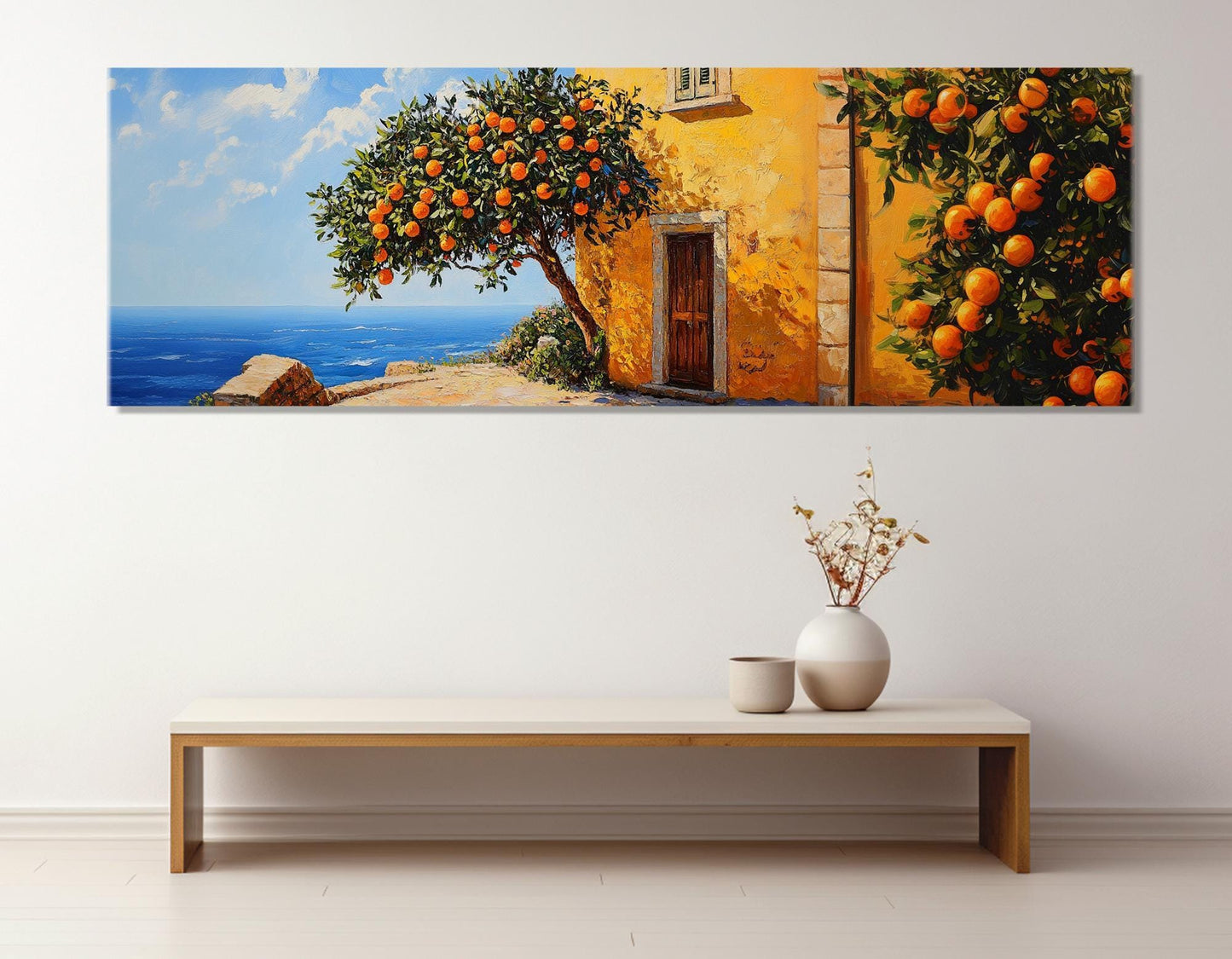 Mediterranean Canvas Print – Scenic Sea Coast Painting with Orange Trees | Framed Wall Art
