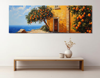 Mediterranean Canvas Print – Scenic Sea Coast Painting with Orange Trees | Framed Wall Art