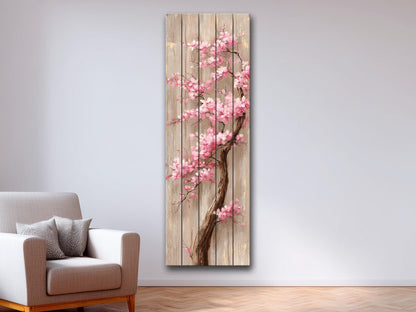 Cherry Blossom Tree with Cascading Pink Flowers Print on Natural Wood, Floral Wall Decor, Rustic Sakura Tree Painting, Floral Wall Art