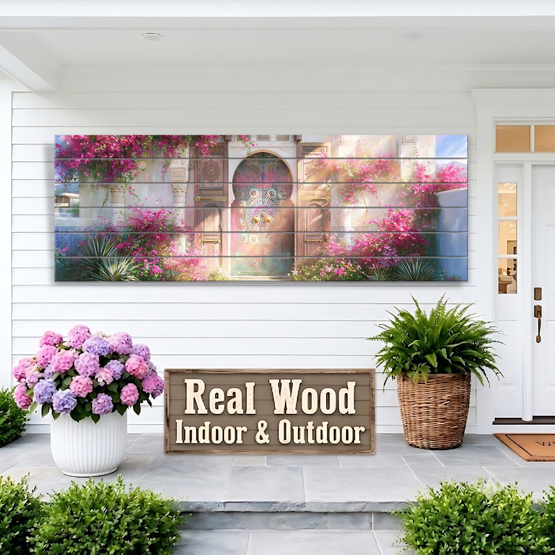 a large wooden sign that reads "Real Wood Indoor & Outdoor" in front of a house with a white exterior and a colorful mural depicting a garden scene with pink flowers and a colorful archway.