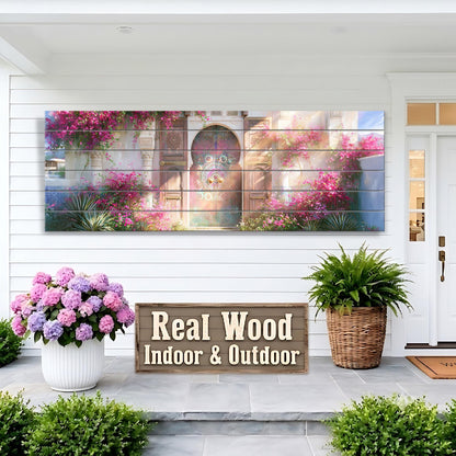 a large wooden sign that reads "Real Wood Indoor & Outdoor" in front of a house with a white exterior and a colorful mural depicting a garden scene with pink flowers and a colorful archway.