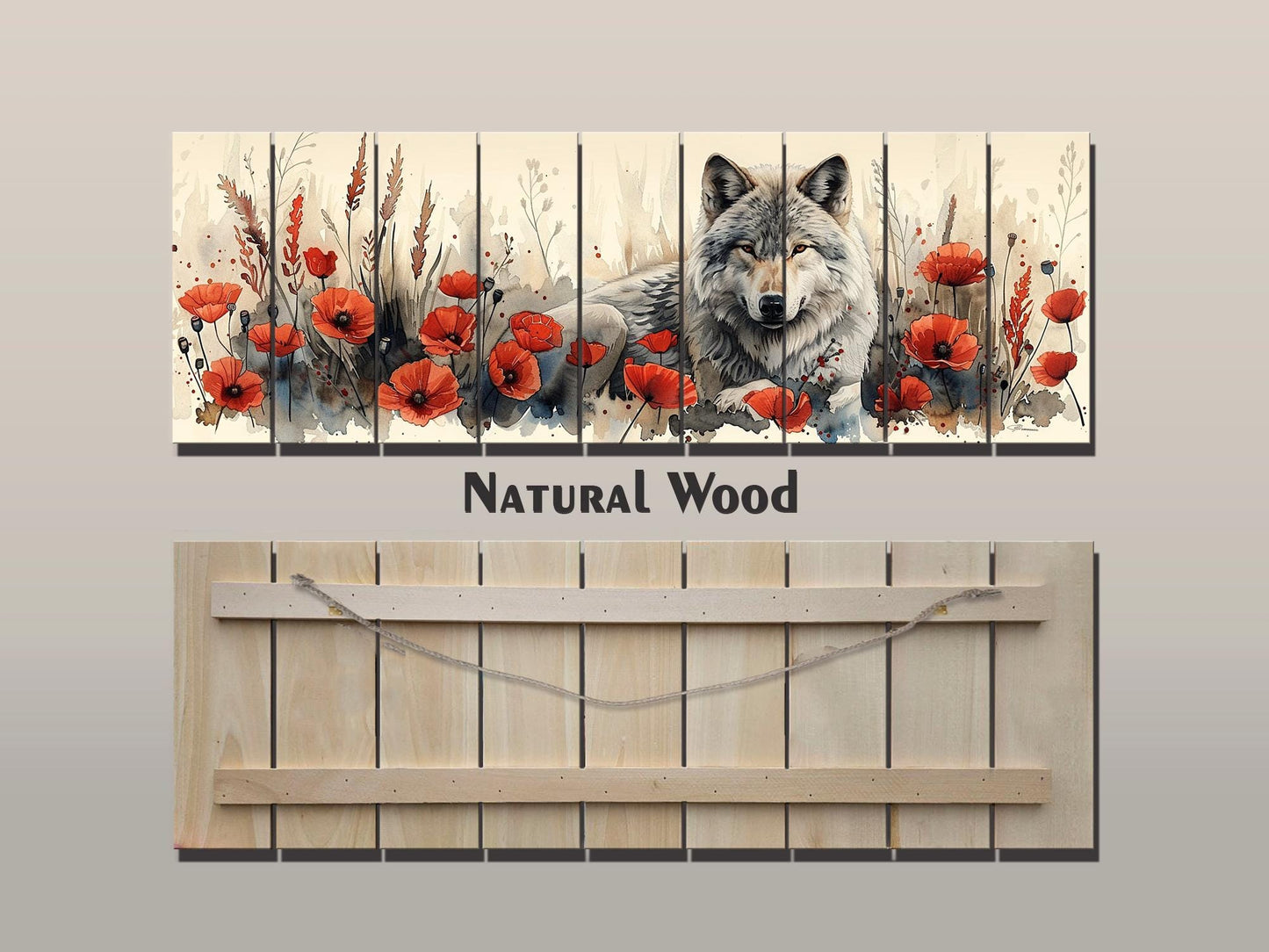 Wolf Wood Wall Art – Rustic Wood Print with Red Poppies and Wildlife Decor