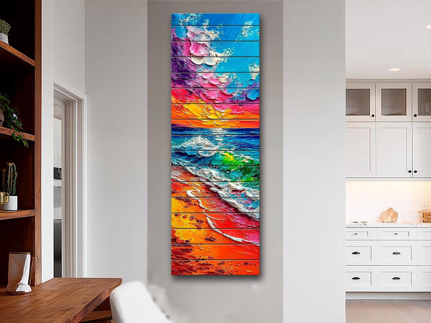 Vibrant Beach Scene Print on Wood, Colorful Coastal Painting, Summer Wall Art