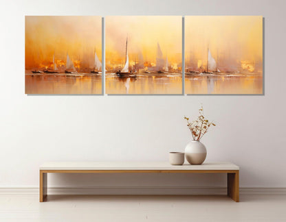 Yacht Canvas Print – Framed Sailing Wall Art With Abstract Sailboats and Sunset