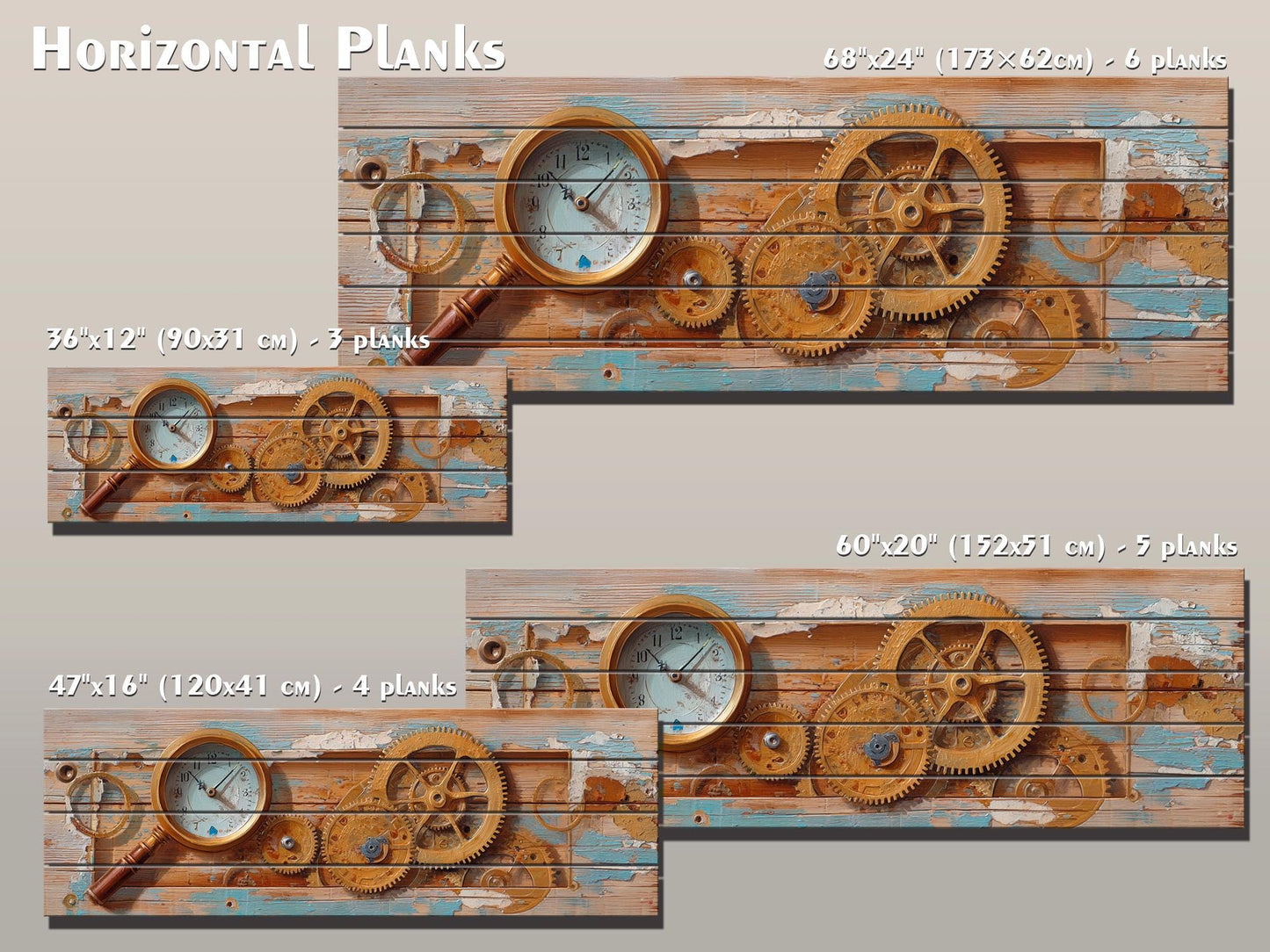 Rustic Steampunk Wall Art – Clockmaker Wood Print With Gears & Magnifier on Wood