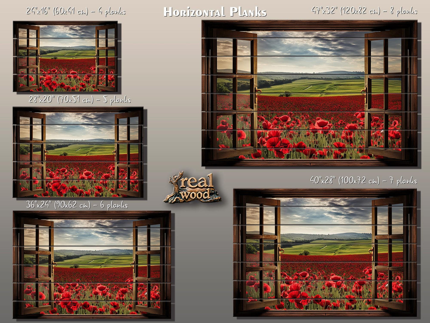 Wood Wall Art – Faux Window Print with Poppy Field Painting | Rustic Farmhouse Decor