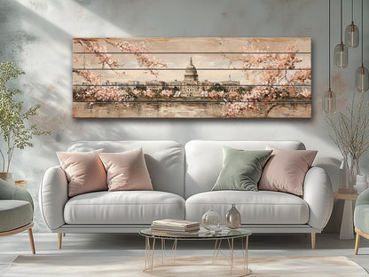 Washington DC Wood Print – Rustic Cityscape Wall Art With Capitol Cherry Blossoms