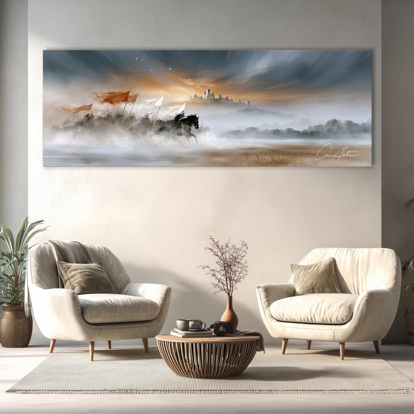 a large painting of a landscape with a castle in the distance, hanging on a wall above a seating area with two white armchairs and a coffee table.