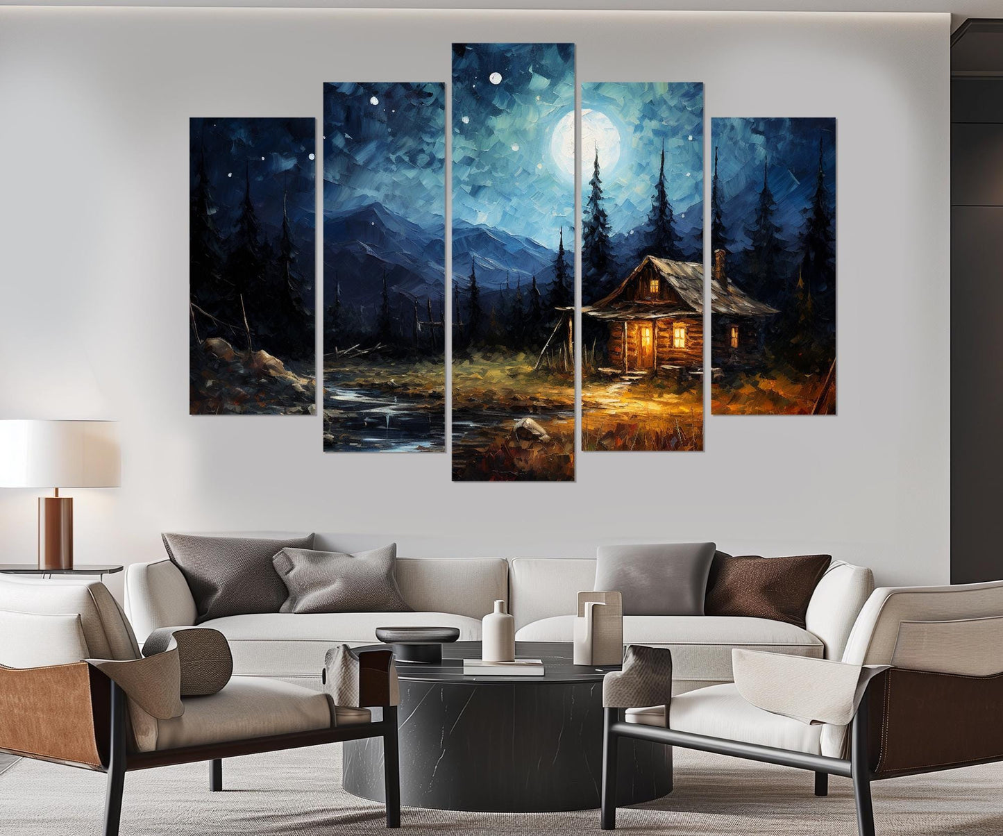 Moonlit Cabin Canvas – Rustic Wall Art | Starry Night Canvas Framed Print