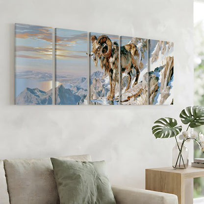 a large, colorful painting of a ram on a mountain, hanging on a wall above a couch in a living room.