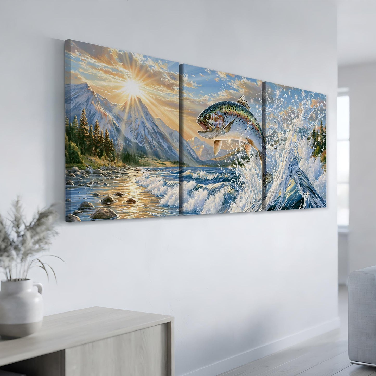 a large, three-panel painting depicting a fish leaping out of a river, with a backdrop of mountains and a sunset sky.