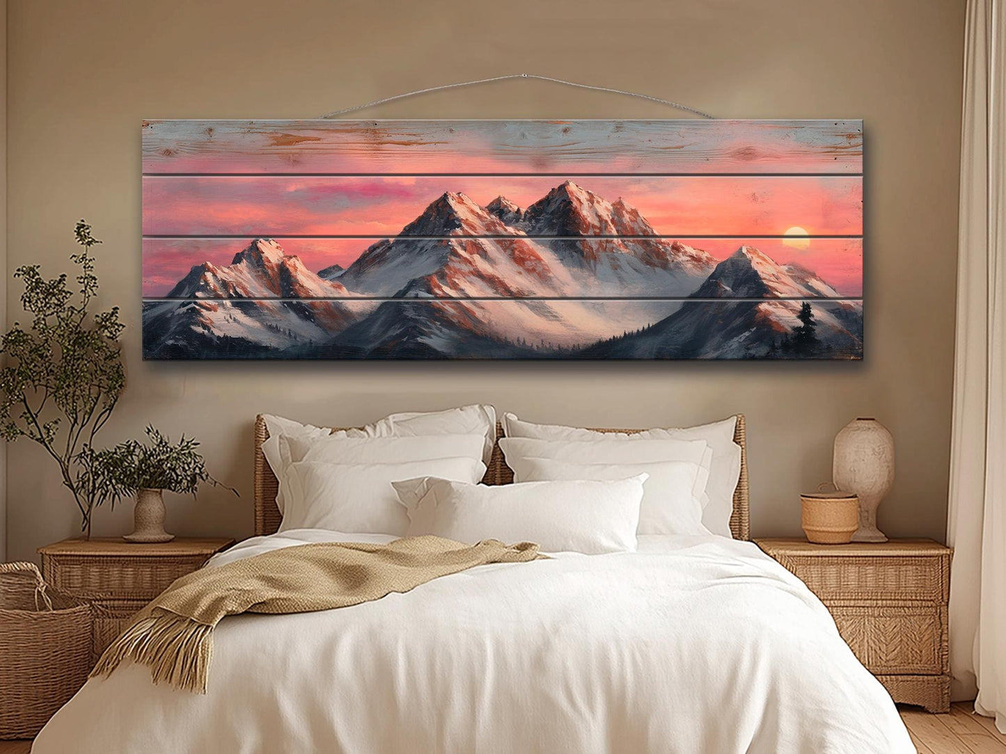 Mountain Landscape at Sunset with Snow-Capped Peaks Print on Natural Wood, Mountains Sunset Painting, Mountains Rustic Wood Wall Art