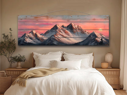 Mountain Landscape at Sunset with Snow-Capped Peaks Print on Natural Wood, Mountains Sunset Painting, Mountains Rustic Wood Wall Art