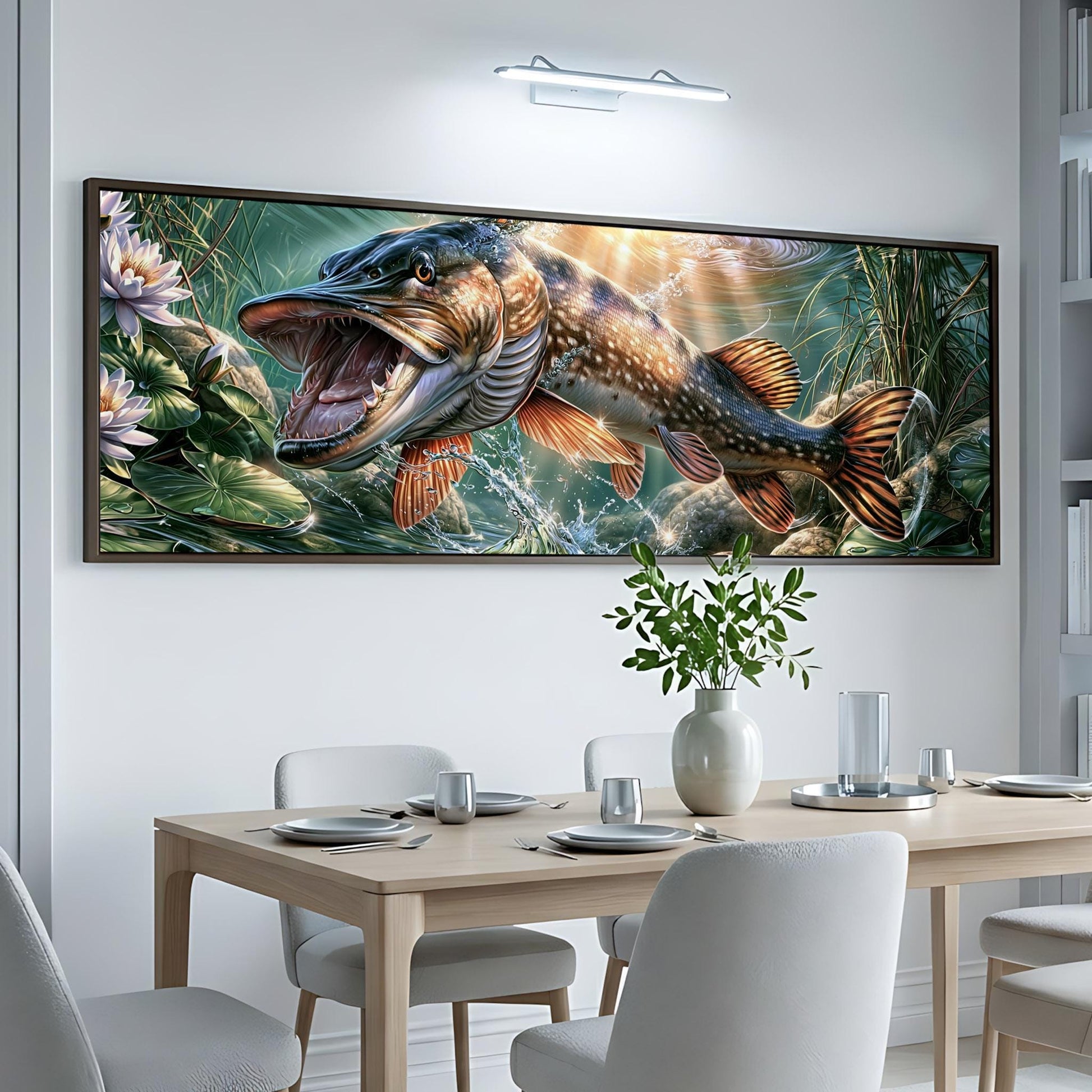 a large, colorful painting of a fish with an open mouth, hanging on a wall above a dining table with chairs.