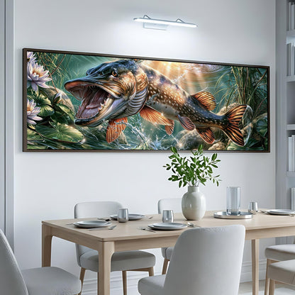 a large, colorful painting of a fish with an open mouth, hanging on a wall above a dining table with chairs.